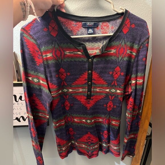 Chaps Demim Tribal Print Henley Top Long Sleeve Button Down Vneck Cut Size L - Picture 2 of 6